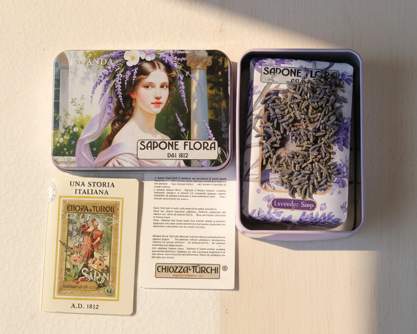 Lavender Soap 170 Gr./6 Oz. in the original 19th century style elegant packaging.