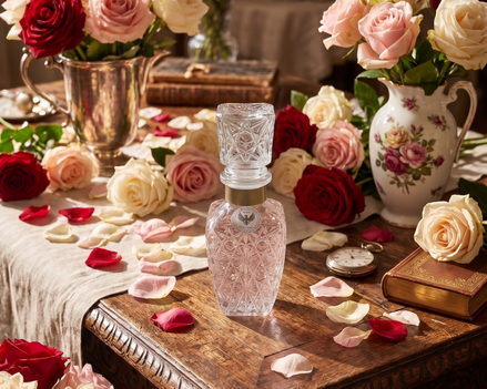 Aromatic Rose Home Essence in an original XIX century style diamond glass jar, as was customary in the 19th century.