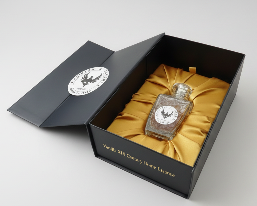 Aromatic Vanilla Home Essence in an original XIX century style diamond glass jar, as was customary in the 19th century.