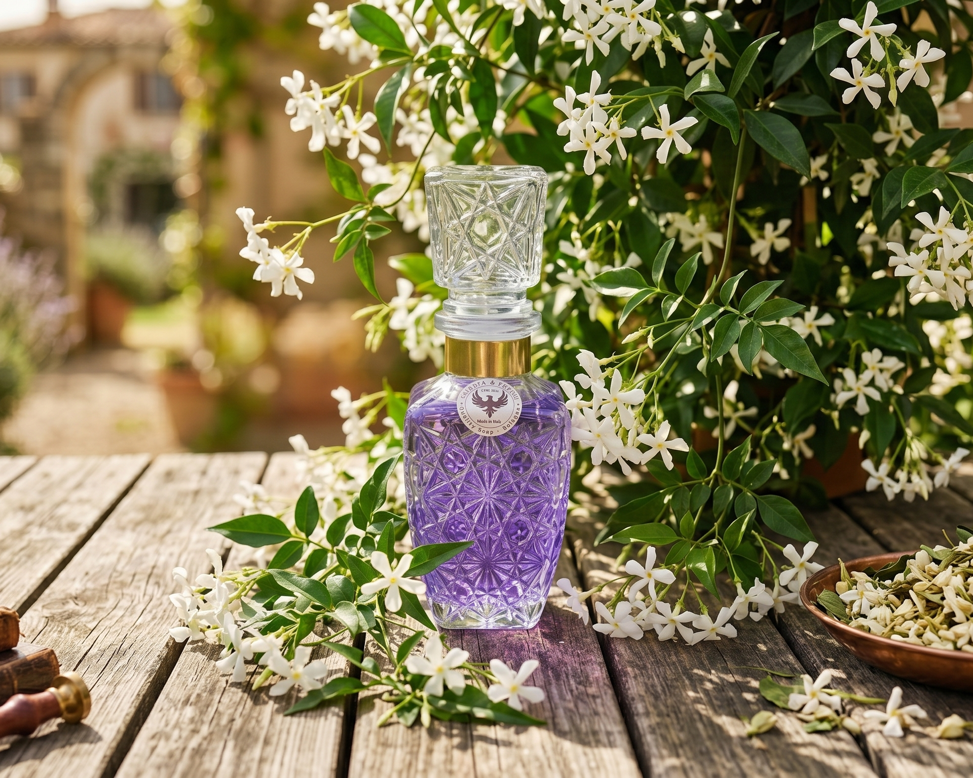 Aromatic Jasmine Home Essence in an original XIX century style diamond glass jar, as was customary in the 19th century.