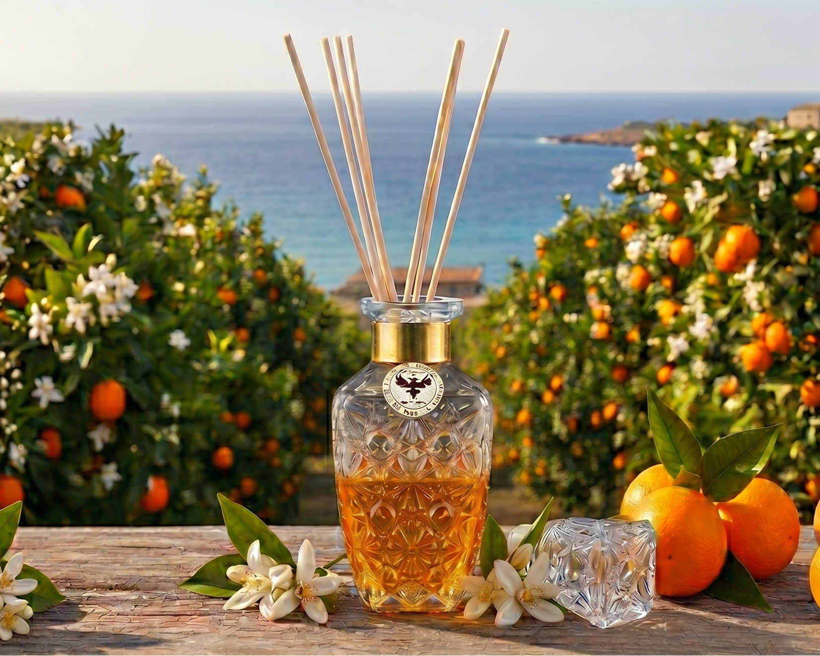 Aromatic Orange Blossom Home Essence in an original XIX century style diamond glass jar, as was customary in the 19th century.