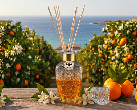 Aromatic Orange Blossom Home Essence in an original XIX century style diamond glass jar, as was customary in the 19th century.