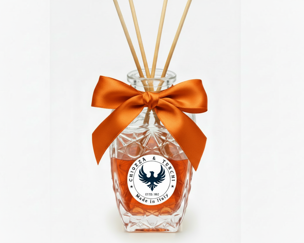 Aromatic Orange Blossom Home Essence in an original XIX century style diamond glass jar, as was customary in the 19th century.