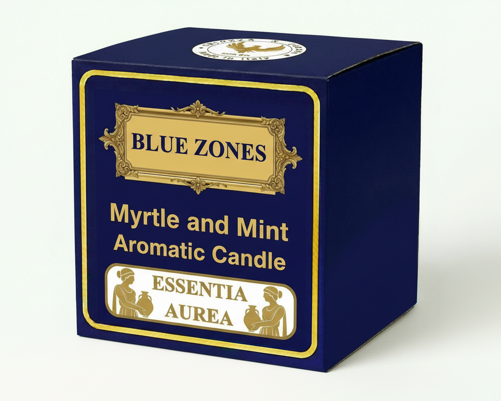 Blue Zones Relaxing Handmade Aromatic Candle, Myrtle and Mint.  250 ml  Square 80x80 mm