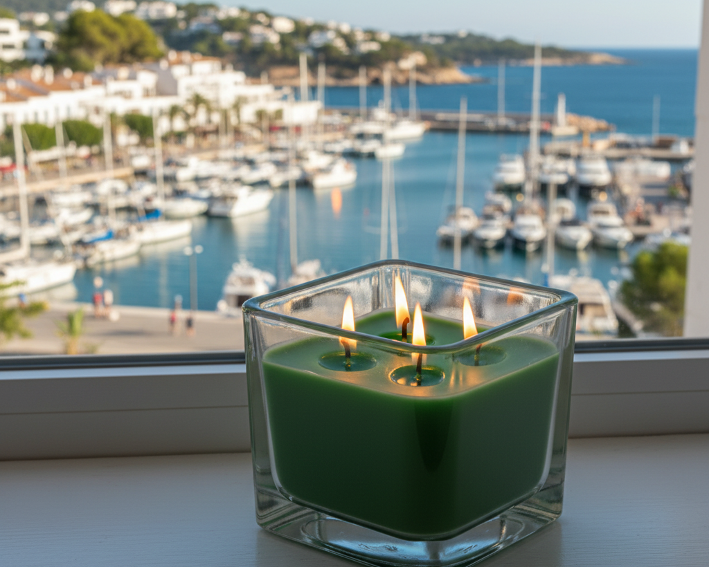 Blue Zones Relaxing Handmade Aromatic Candle, Myrtle and Mint.  250 ml  Square 80x80 mm