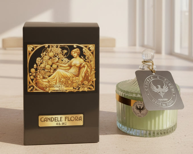 Italian Alps Herbs and Flowers Aromatic Candle 250 ml, in XIX century style diamond glass jar