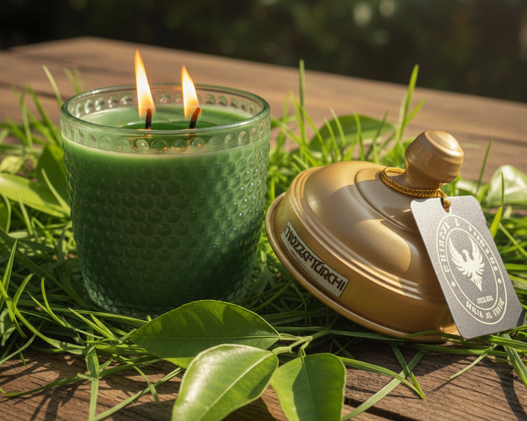 Cut grass and Petitgrain perfumed candle 300 ml, in PINE CONE style  diamond glass jar