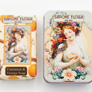 Orange & Cinnamon Soap 170 Gr./6 Oz  in the original 19th century style luxurious packaging.