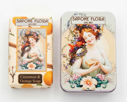 Orange & Cinnamon Soap 170 Gr./6 Oz  in the original 19th century style luxurious packaging.