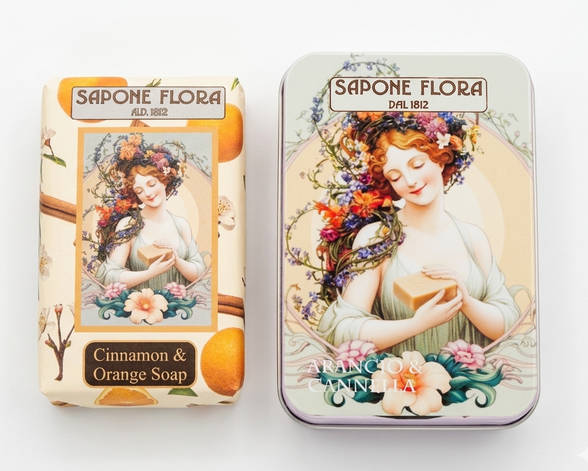 Orange & Cinnamon Soap 170 Gr./6 Oz  in the original 19th century style luxurious packaging.