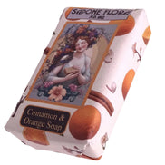 Orange & Cinnamon Soap 170 Gr./6 Oz  in the original 19th century style luxurious packaging.