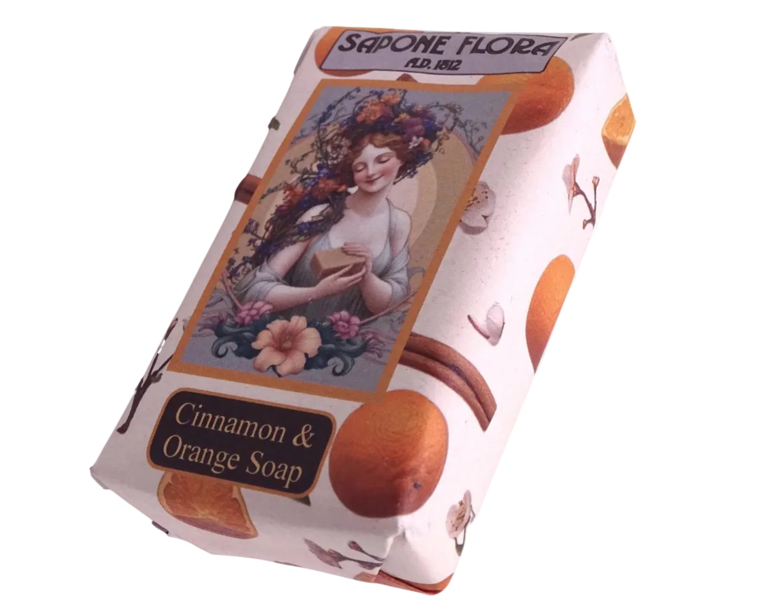 Orange & Cinnamon Soap 170 Gr./6 Oz  in the original 19th century style luxurious packaging.