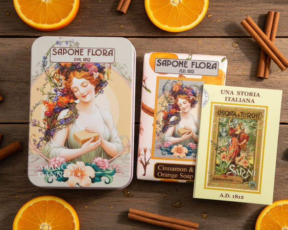 Orange & Cinnamon Soap 170 Gr./6 Oz  in the original 19th century style luxurious packaging.