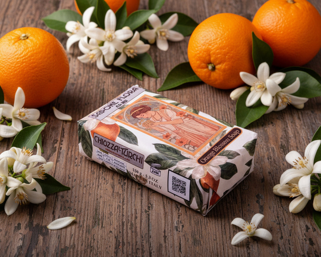 Orange Blossom Soap 170 Gr./6 Oz  in the original 19th century style luxurious packaging.