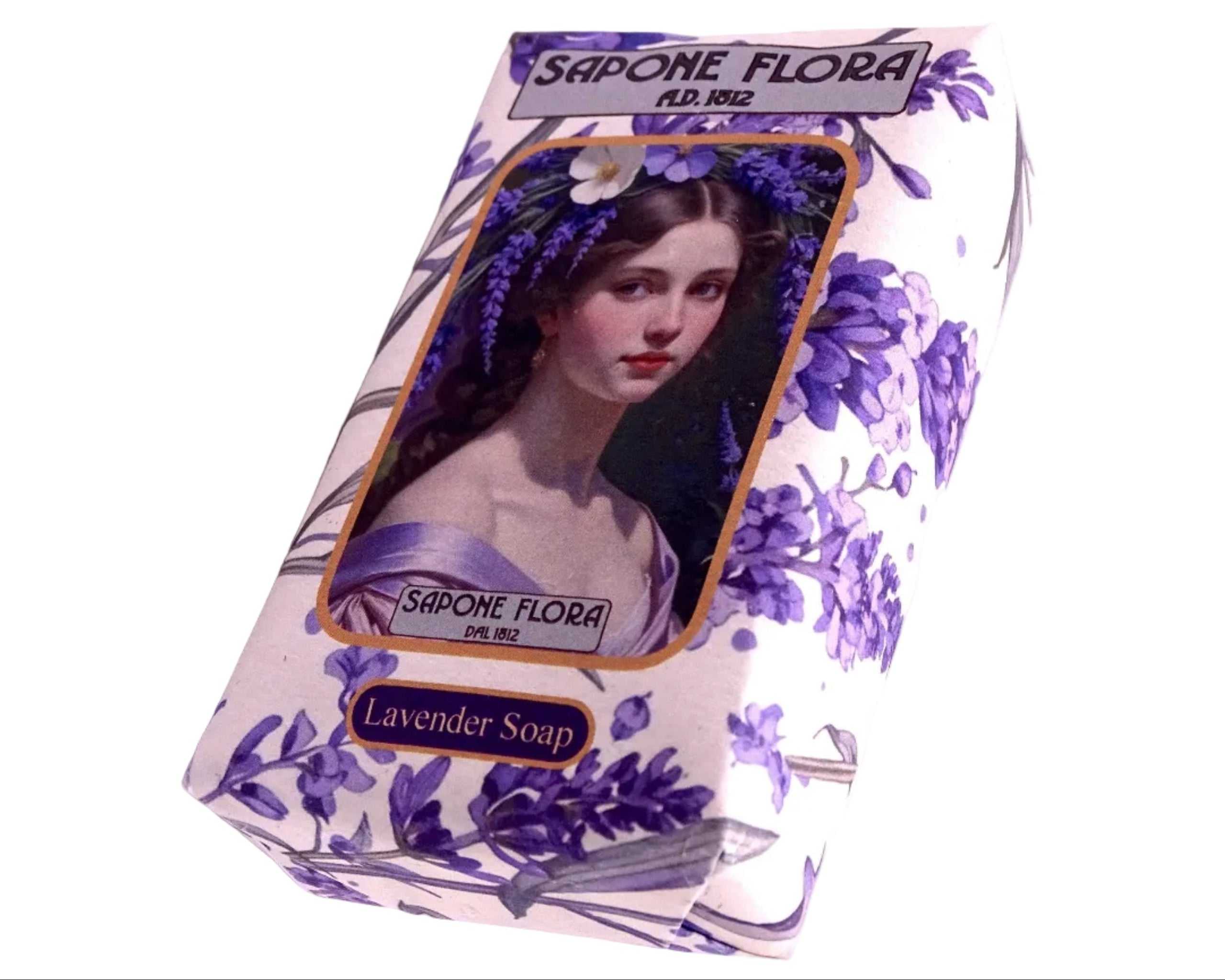 Lavender Soap 170 Gr./6 Oz. in the original 19th century style elegant packaging.