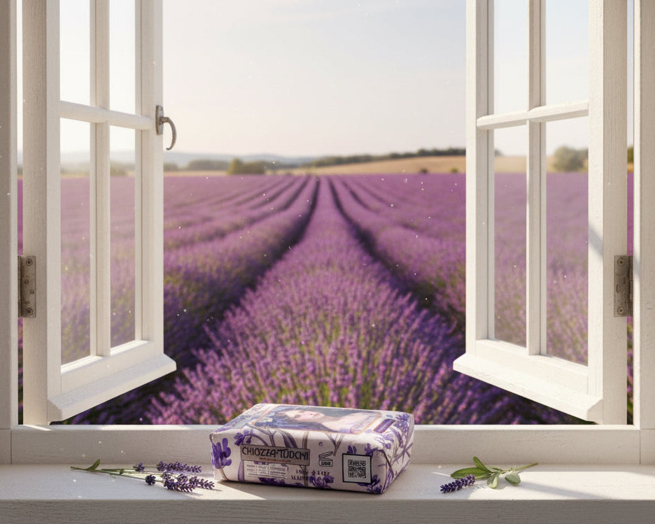 Lavender Soap 170 Gr./6 Oz. in the original 19th century style elegant packaging.