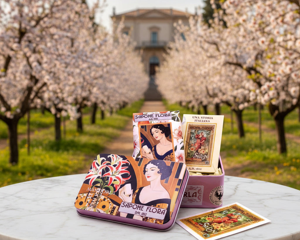Almond Sweet Soap 170 Gr./6 Oz in the original 19th century style elegant packaging.