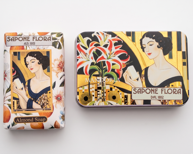 Almond Sweet Soap 170 Gr./6 Oz in the original 19th century style elegant packaging.