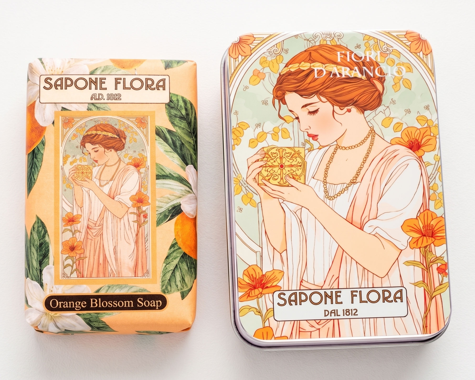 Orange Blossom Soap 170 Gr./6 Oz  in the original 19th century style luxurious packaging.