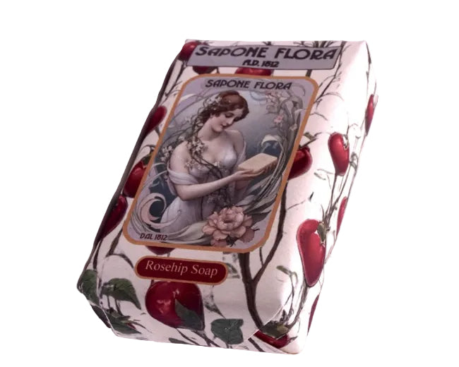 Rosehip Soap 170 Gr./6 Oz in the original 19th century style elegant packaging.