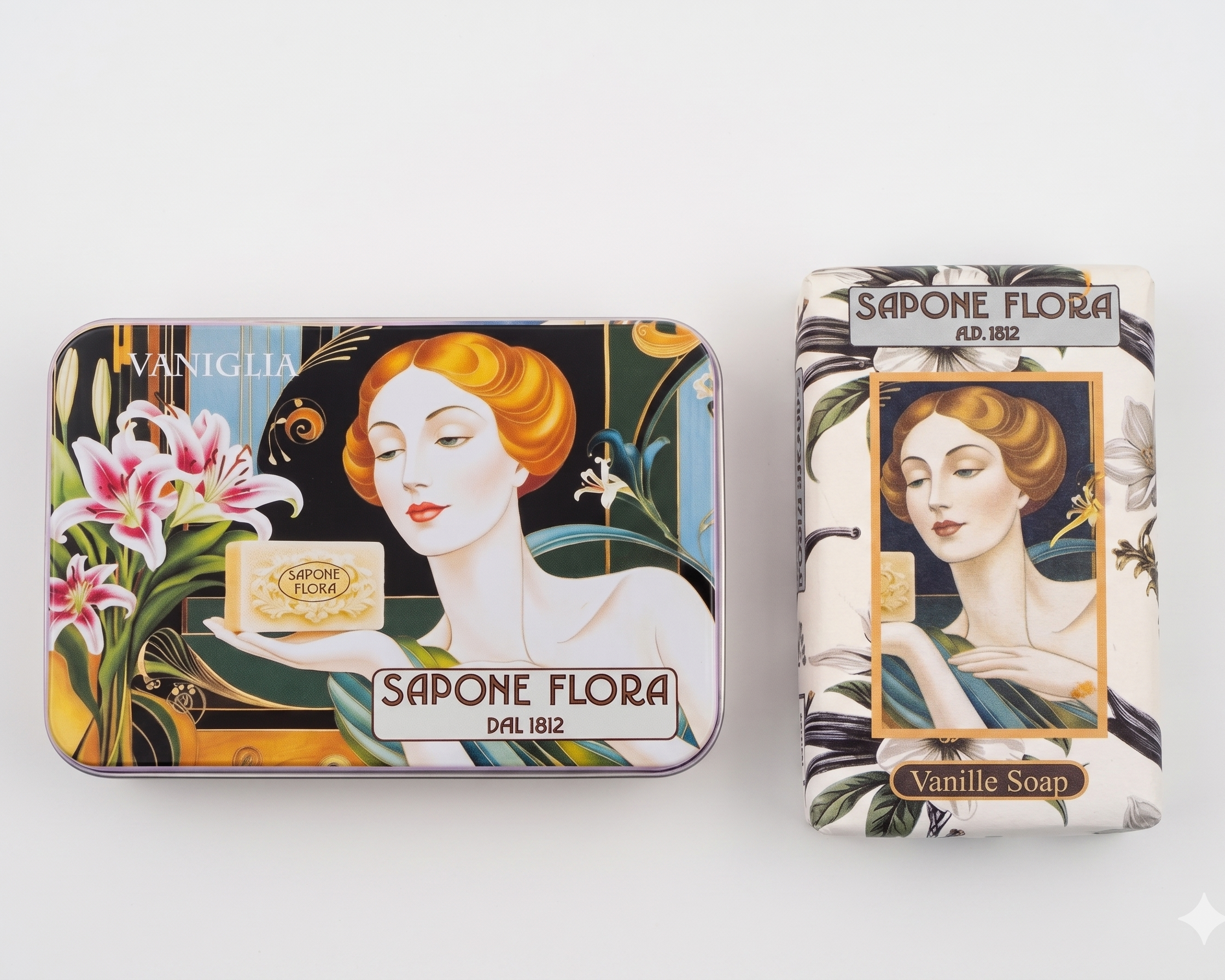 Vanilla Soap 170 Gr./6 Oz  in the original 19th century style luxurious packaging.