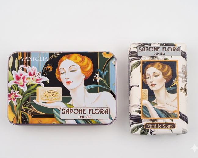 Vanilla Soap 170 Gr./6 Oz  in the original 19th century style luxurious packaging.