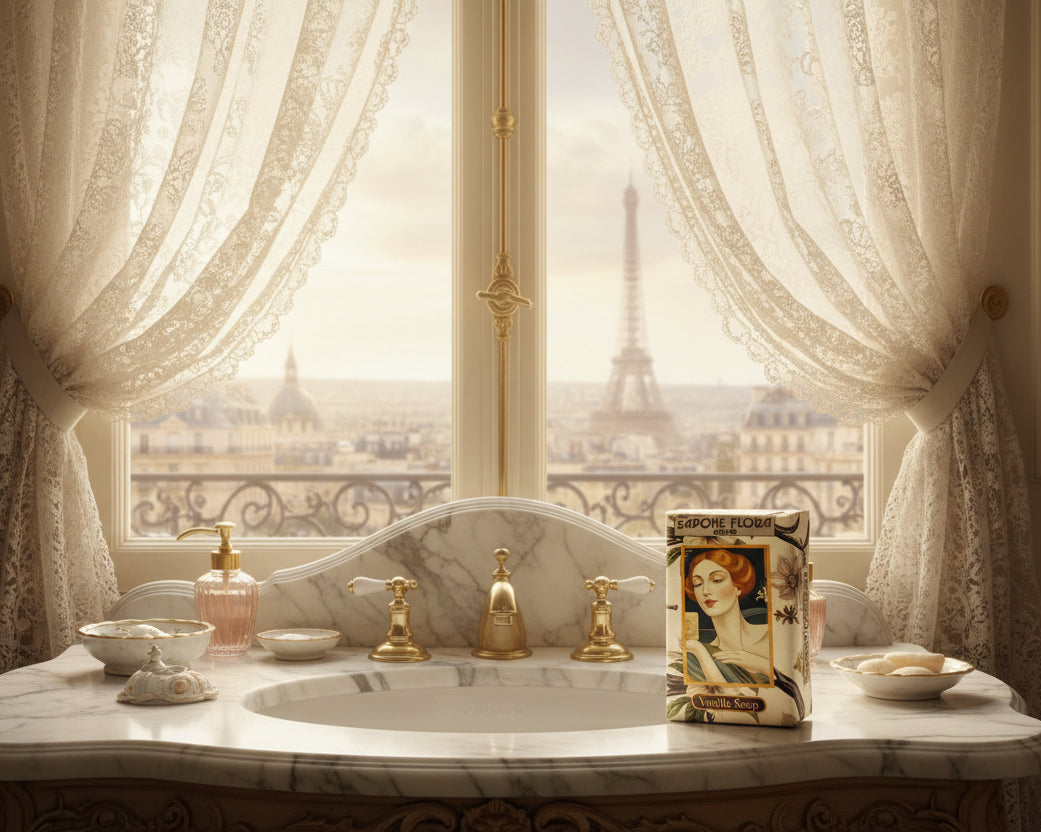 Vanilla Soap 170 Gr./6 Oz  in the original 19th century style luxurious packaging.